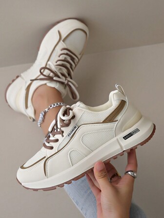 新款厚底休闲运动鞋，时尚网眼米色厚底运动鞋，撞色棕色，适合所有季节户外休闲鞋