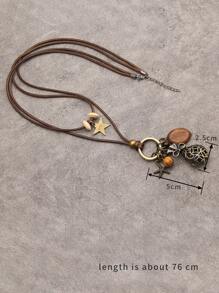 1pc Turquoise Feather Pendant Necklace For Women, Vintage Style Brown Beaded Wax Cord Necklace