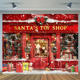 Holiday Fabric Photo Background: Santa Claus Toy Store Cane Candy, Suitable For Christmas, Weddings, Birthdays, Etc,Christmas