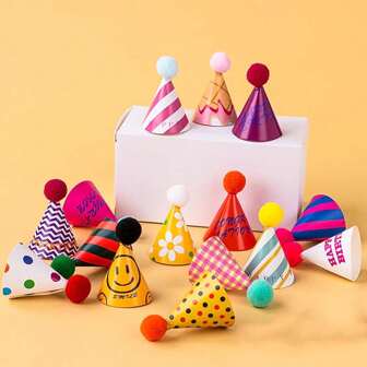 15pcs Assorted Mini Birthday Hats, Cake Decorations Cartoon Cute Hat Inserts Birthday Gifts Easter Gifts Random Colours Holiday Celebrations And Family Gatherings Camping Birthday Parties Tea Parties Weddings Birthday Gifts Valentine's Day Home Office Parties Exquisite Craftsmanship Fashionable Match St. Patrick's Day Easter Valentine's Day Decoration House Bedroom Decoration