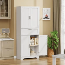 SLINEMO Kitchen Pantry Storage Cabinet, Tall Freestanding Cupboard With 1 Large Drawer, 2 Adjustable Shelves, For Dining Room, Living Room, Laundry, White - 白色 - 查看 2