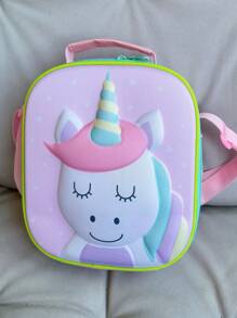 1pc Unicorn Pattern Lunch Bag, Cartoon Cute Polyester Reusable Lunch Box For Office Work School Picnic Beach - Pink - View 3