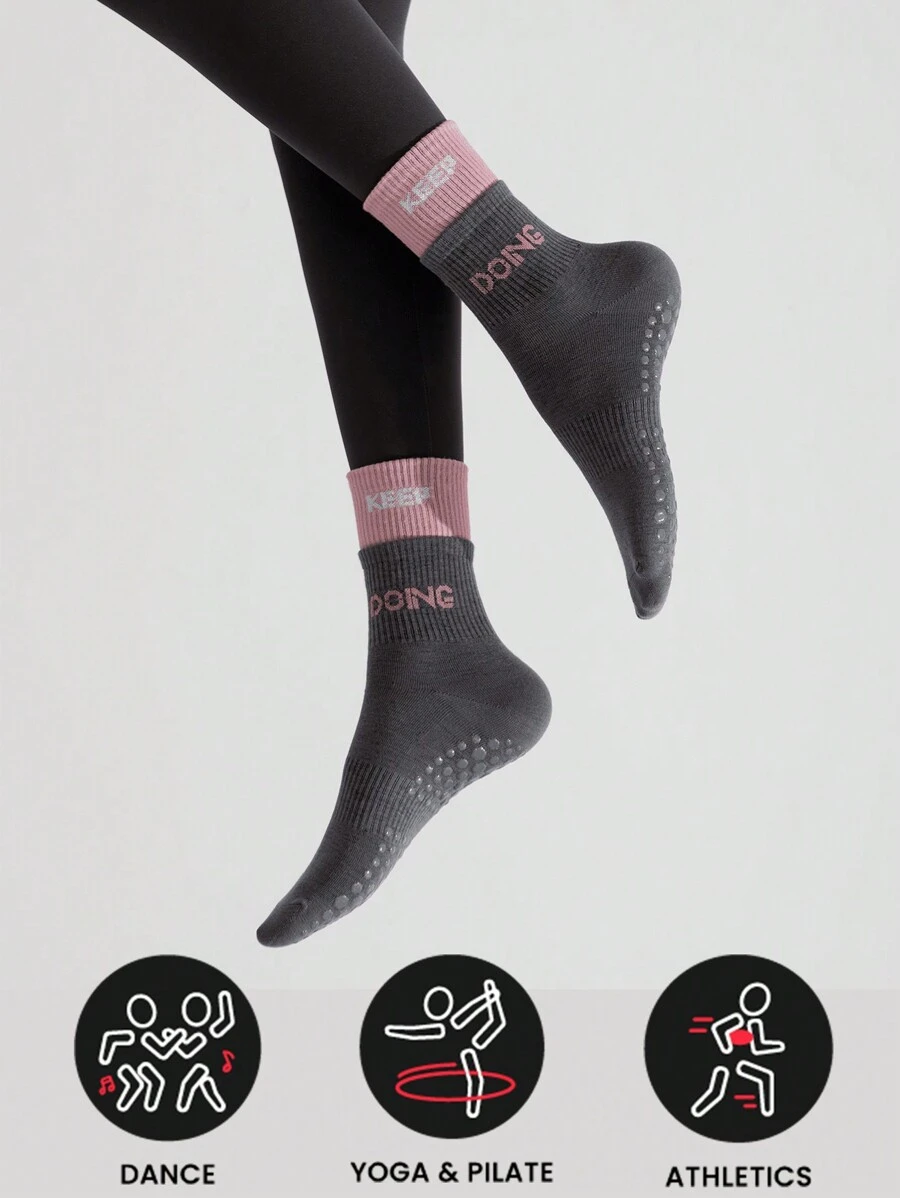 运动户外 1 双普拉提袜子瑜伽袜带防滑防滑女士防滑、普拉提、健身、纯芭蕾、芭蕾舞、舞蹈、医院袜 - 灰色 - 查看 1