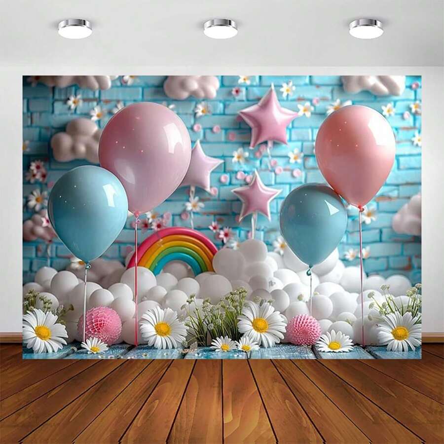 1pc Spring Rainbow Daisy Photography Backdrop, Colorful Rainbow Balloons Birthday Party Decor, Multi-Function Polyester Home Wall Decor Tapestry 210*150cm/150*100cm/100*75cm, For Christmas, Birthday Banner, Cake Table Decor, Christening Party, Baby Shower, Wedding, No Electric Required