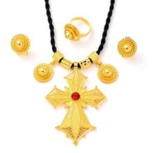 3 pièces/set Ensemble de bijoux trois pendentifs croix doré, nouvelle conception, boucles d'oreilles, bague, collier, cadeau de fête