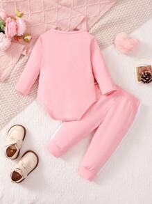 2pcs/Set Cute Baby Girl Letter Print Bodysuit And Printed Pants Set - Pink - View 3