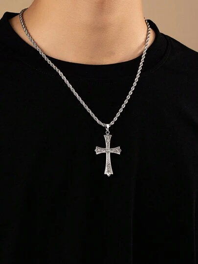 1 件金属三点吊坠项链，复古时尚镶嵌设计，适合男士