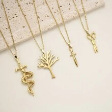 1 件 Ins 风格 18K 镀金不锈钢蛇剑生命之树吊坠项链，适合情侣日常佩戴和度假礼物 - 金色 - 查看 1