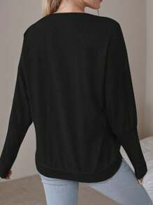 Womens Loose Fluff Granular Fabric Crew Neck Casual Sweatshirt - 黑色 - 查看 2