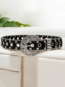 1 chiếc thắt lưng bằng da PU đính đá lấp lánh cổ điển dành cho nữ, thích hợp cho Giáng sinh, Halloween và mọi mùa - màu đen - Xem 1