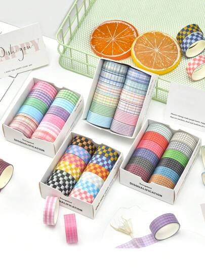 12 Rolls/Box, 2 Meters/78 Inches, Multi-Color Checkered Pattern Washi Tape Set - Decorative Tape For Study Stationery, Gift Wrapping And DIY Crafts - Paper Material, Easy To Use, Perfect For Envelope Decoration, Gifts For Friends Back To School