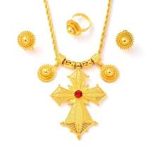 3 pièces/set Ensemble de bijoux trois pendentifs croix doré, nouvelle conception, boucles d'oreilles, bague, collier, cadeau de fête