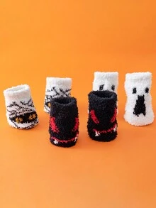 Ngẫu nhiên 3 đôi tất cao đến đầu gối bằng vải nỉ san hô sáng tạo họa tiết dơi ma hoạt hình Halloween dành cho nữ, vui nhộn và dễ thương, tất sàn ấm áp - Nhiều màu - Xem 2