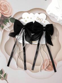 2pcs/Set Pearl Tassel Ribbon Bow Hair Clips, Ethereal & Cute Style Hair Accessories, Essential For Lovely Girls - Black - View 2