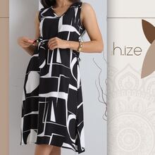 GEOMETRIC PRINT DRESS WITH V-NECK AND CINCHING BELT - màu đen - Xem 3