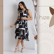 GEOMETRIC PRINT DRESS WITH V-NECK AND CINCHING BELT - màu đen - Xem 1
