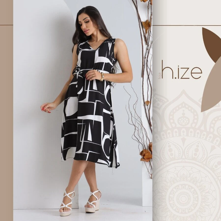 GEOMETRIC PRINT DRESS WITH V-NECK AND CINCHING BELT - màu đen - Xem 1