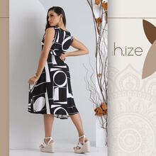 GEOMETRIC PRINT DRESS WITH V-NECK AND CINCHING BELT - màu đen - Xem 2