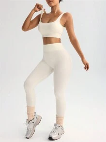 2 Pieces, Tank Top And Leggings, Seamless, Ventilate, Soft And Comfort, Daily, Outdoor, Sporty,Gym Clothes Women Set,Workout Sets Women,Legging 2 Pieces Set - White - View 4
