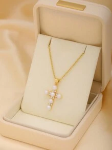 1pc Lovely Pearl Decor Stainless Steel Cross Necklace Pendant, Suitable For Party, Gathering, Daily Wear