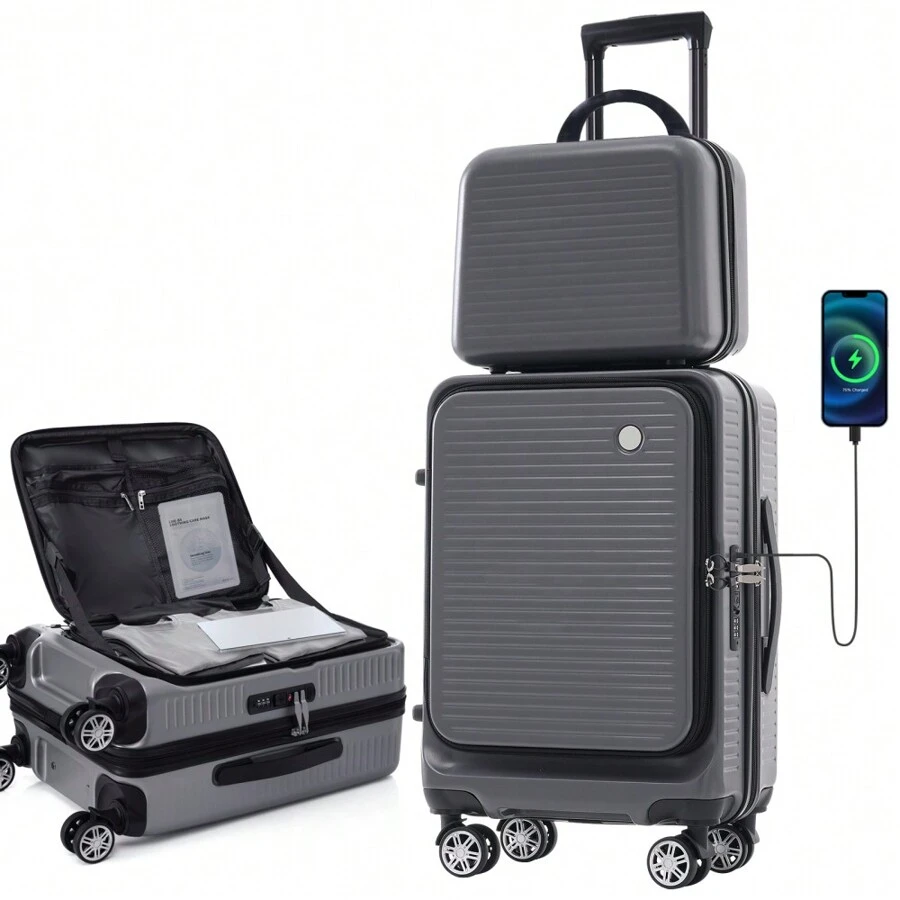 Equipaje de mano de 20 pulgadas con apertura frontal, equipaje ligero con bolsillo frontal y puerto USB, 1 estuche de transporte portátil, juego de maletas de viaje resistentes - Gris + ABS-4 - Ver 1