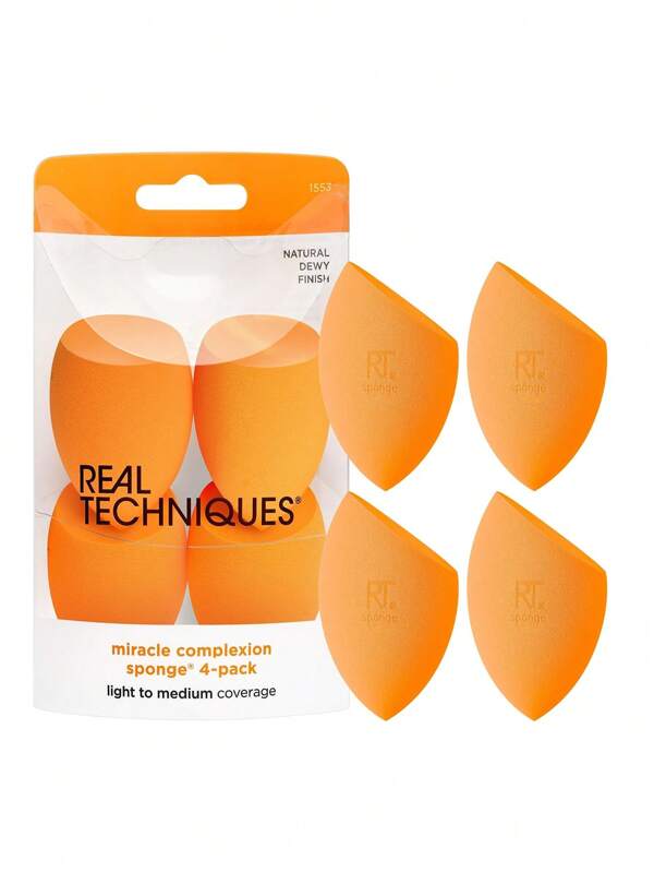 Real Techniques Miracle Complexion Sponge Set Duo, 4 Makeup Sponges For Liquid & Cream Makeup, Makeup Blender Sponge For Buildable Coverage, Foundation Sponge For Natural, Dewy Base, Latex-Free Foam