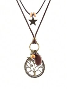 1pc Turquoise Feather Pendant Necklace For Women, Vintage Style Brown Beaded Wax Cord Necklace