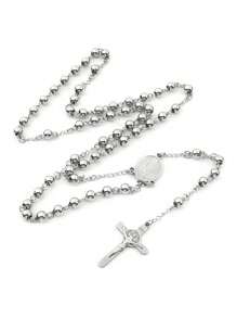 1pc/2pcs/6pcs/12pcs Religion Christian Stainless Steel Necklace For Women Virgin Mary Jesus Cross Pendant Long Beads Chains Fashion Jewelry - Silver - View 1