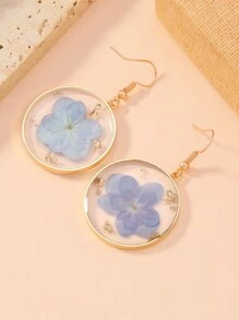 1 Pair Asymmetrical Blue Hydrangea Real Dried Flower Boho Style Earrings, Suitable For Daily Wear