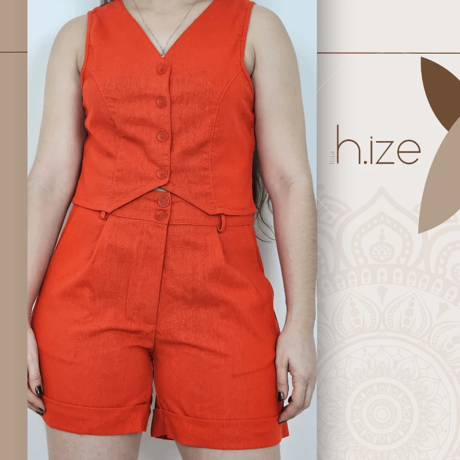 WOMEN'S LINEN SET, CROPPED VEST AND SHORTS WITH POCKET AND FOLDED-UP HEM BLOGGER - trái cam - Xem 1