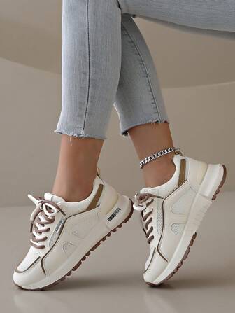 新款厚底女式运动鞋，棕色/米色/蓝色网眼面料休闲鞋，时尚平底户外厚底运动鞋，四季皆宜