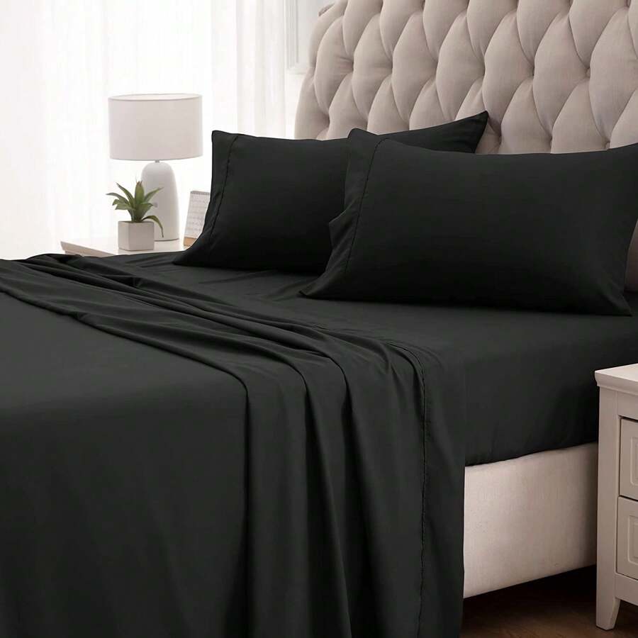 3/4pc Fitted Sheets Set (1*Fiited Sheet, 1*Flat Sheet, 1/2pc Pillowcases), Super Soft Deep Pocket Sheets, Hypoallergenic, Wrinkle And Fade Resistant Bedding Set (Twin, Full, Queen, King) - 黑色 - 查看 1