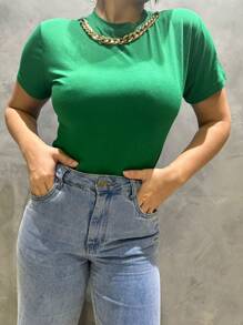 Blusa Feminina com Colar T-shirt Liso com manga Curta Moda - Verde - Visão 3