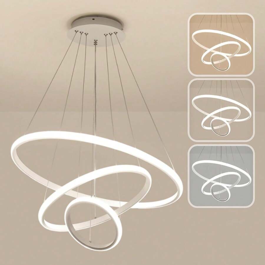 LED Ceiling Light 3 Ring Three-Color Dimming Adjustable Pendant Decorative For Home Living Room Bedroom - White - View 1