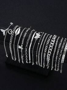 7-19 Pcs Set Fashion Minimalist Shell Seed Bead Cross Heart Butterfly Snake Bone Anklet For Women, Birthday, Holiday, Party, Beach, Daily Wear - Silver - View 2