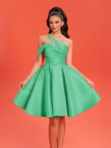 Women's New Sexy Asymmetrical Neck Elegant Solid Color Ruffled Luxurious Glamorous Evening Gown, Semi Formal Prom Dress, For Birthday, Wedding Guest, Graduation Homecoming