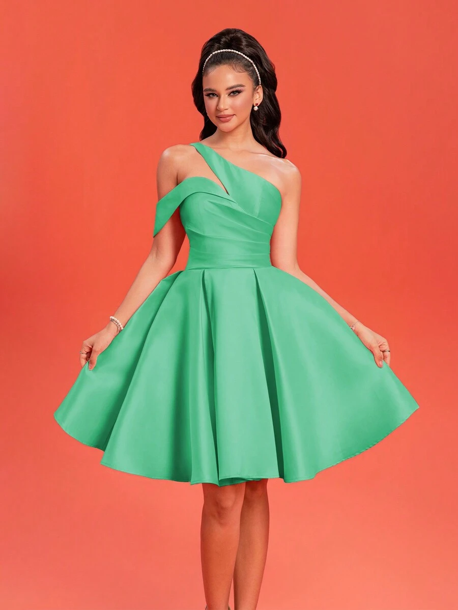 Women's New Sexy Asymmetrical Neck Elegant Solid Color Ruffled Luxurious Glamorous Evening Gown, Semi Formal Prom Dress, For Birthday, Wedding Guest, Graduation Homecoming