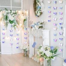 18pcs(3M) Laser Silver Butterfly Flag Paper String, Party, Birthday, Wedding Decoration, Butterfly Flower Party Decoration