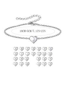 1pc A-Z 26 Stainless Steel Heart Shaped Letter Adjustable Bracelet, Simple Silver Tone, Suitable For Teenagers, Daily Wear Or Gift - Silver - View 2