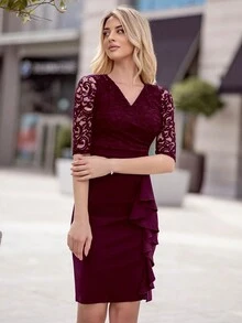 MIUSOL Elegant V Neck Floral Lace Ruffle Trim Cocktail Party Bodycon Dress - Burgundy - View 6