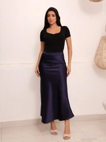 Women's Long Satin Skirt With Zipper - Navy Blue - View 4