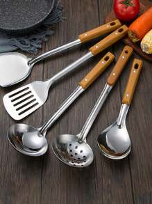 5件/3件不锈钢耐热木纹手柄烹饪用具套装，带锅铲、汤勺和滤网，适用于厨房（批次差异可能导致手柄和滤网孔设计略有不同，不锈钢产品可能会有轻微划痕，但不影响使用）