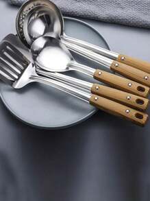 5件/3件不锈钢耐热木纹手柄烹饪用具套装，带锅铲、汤勺和滤网，适用于厨房（批次差异可能导致手柄和滤网孔设计略有不同，不锈钢产品可能会有轻微划痕，但不影响使用）