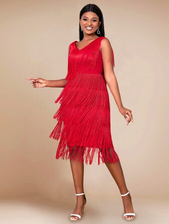 AOMEI Women's Sexy V-Neck Sleeveless Tassel Red Mid-Length Dress, Perfect For Weddings, Wedding Guests, Bridal Showers, Bachelorette Parties, Vacations, Birthdays, Graduations, Galas, Homecomings, And New Year's Eve