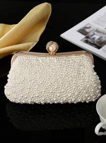 1 pezzo Pochette artigianale in perle - Elegante, raffinata, di lusso, portatile, leggera, in perle sintetiche, di colore unito, affascinante, per eventi serali, matrimoni e spose, abiti, accessorio per Qipao, regalo per insegnanti e studenti universitari, borsa a tracolla, borsa glamour con strass