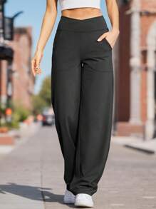 Women Loose Yoga Pants Wide Leg Pants With Pockets - màu đen - Xem 4