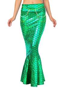 SYNCFUN 万圣节服装美人鱼服装成人金属全息闪亮美人鱼裙服装角色扮演舞会 - 綠色 - 查看 4
