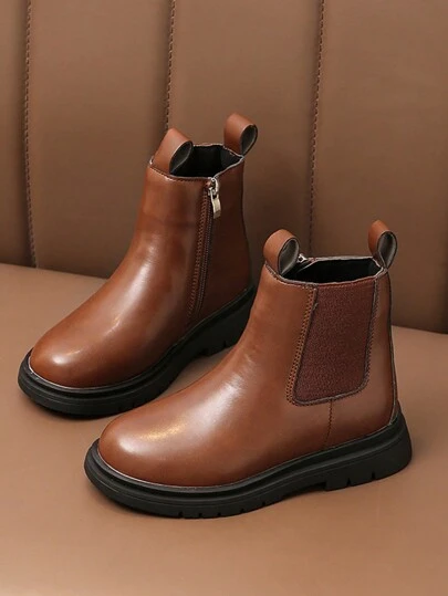 1 Pair Cute Girls Simple PU Design Comfortable Soft Anti-Slip Flat Heel  Boots, Modern Style Little Girls Winter Shoes, Suitable For Daily Wear, Outdoor Travel