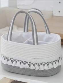 1 件 36 厘米 X 22 厘米 X 18 厘米便携式尿布盒，带可拆卸隔板，流苏设计柔软编织面料，包括方便携带的手柄，多功能收纳盒，用于存放尿布、湿巾、纸巾、婴儿用品，非常适合托儿所组织和新父母礼物 - 香檳色 - 查看 3