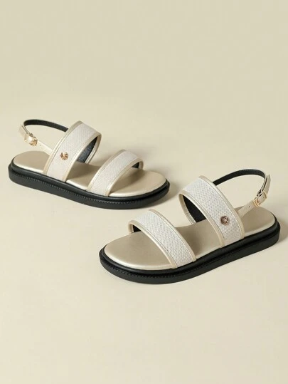 Thick Sole Women's Strap Buckle Sandals, Colorblock Retro Vacation Bohemian Open Toe, Comfortable Minimalist Summer New Wedge Flat Non-Slip Beach Wear, Elegant With Dresses, Polka Dot Canvas Athletic Casual Shoes, Spring/Autumn Candy Color, Gold Round Toe, Metal Button Strap Roman Sandals